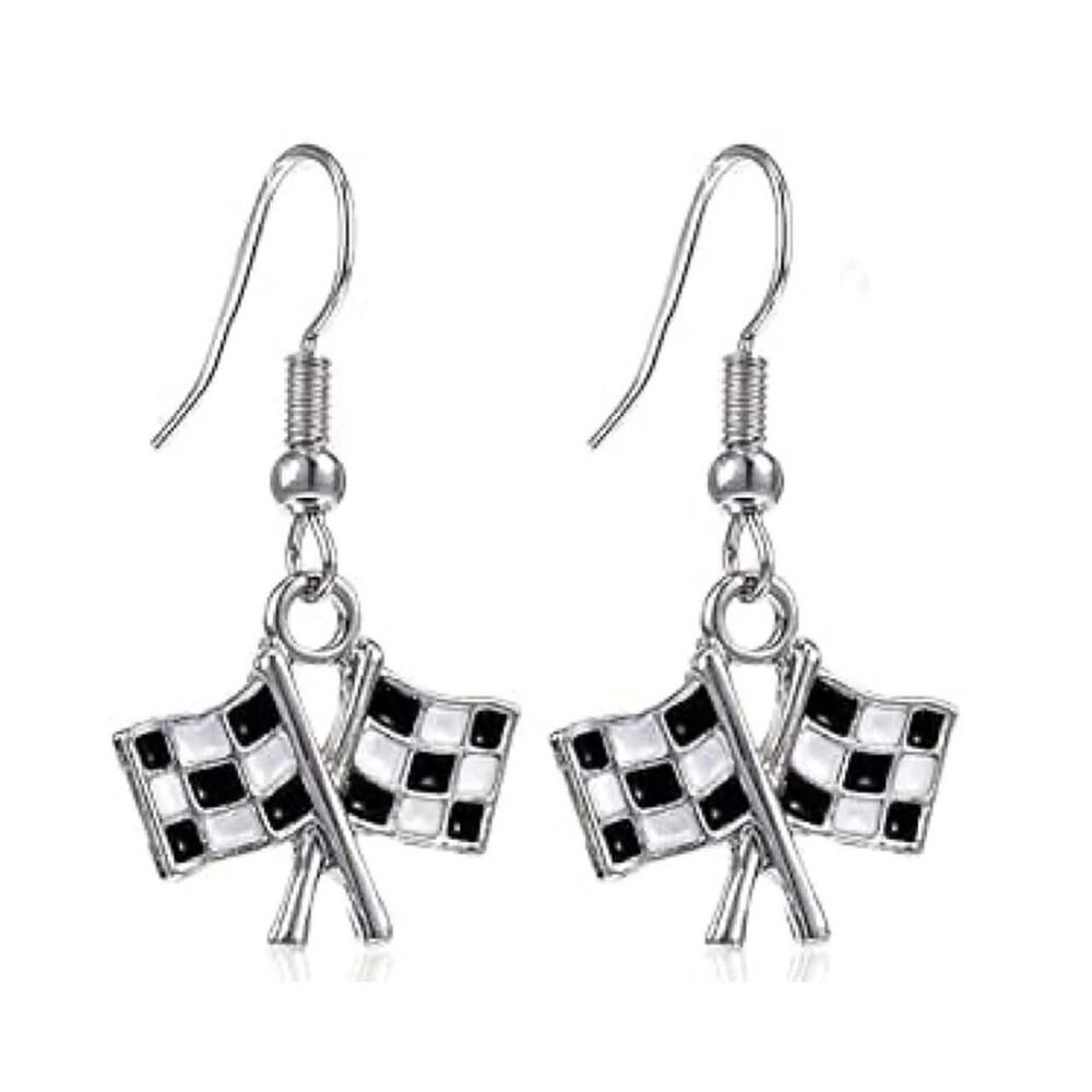 NEW Earrings Black and White Checkered Flags Dangle Drop Racing Jewelry